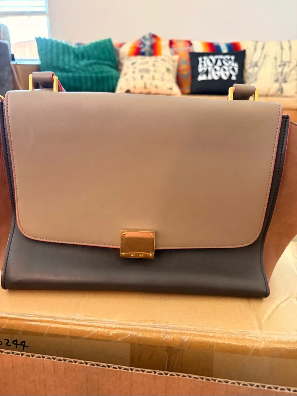 CELINE Trapeze handbag tote in Taupe and Brown - Pre-Loved Great condition w/COA